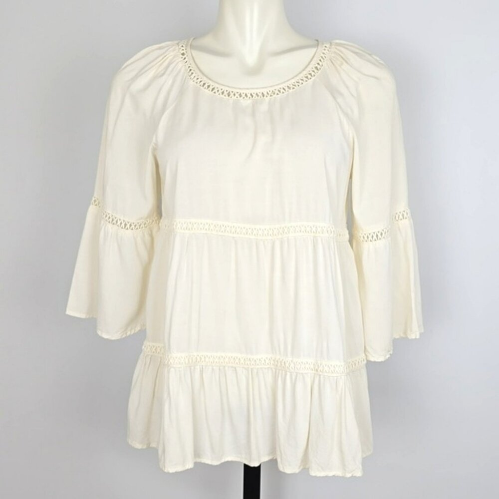 Spense Women's Boho Tiered Crochet Trim Peasant Top Cream Small